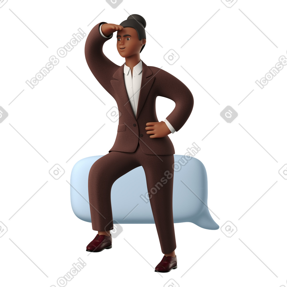3D Business スタイルの ふきだしに座って、距離コミュニケーションを調べている実業家 のイラストをPNG、SVG形式でダウンロード