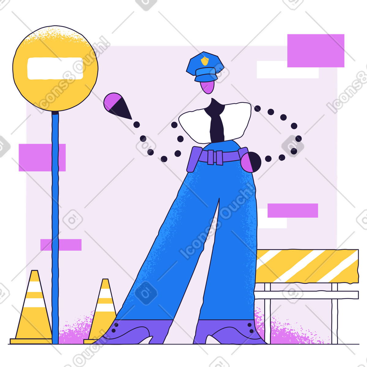 Police officer pointing at stop sign, Page Under Construction illustrazione in stile Conifer scarica in PNG, SVG