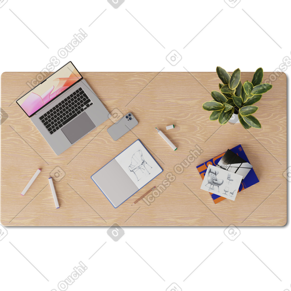 Top view of desk with laptop, books and sketches illustration in 3D Hygge style download in PNG, SVG