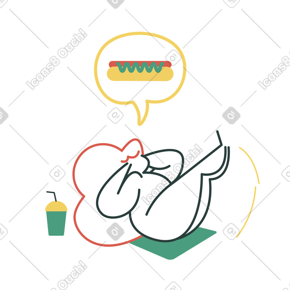 Donna che fa esercizi ma sogna il fast food illustrazione in stile Macaroni scarica in PNG, SVG