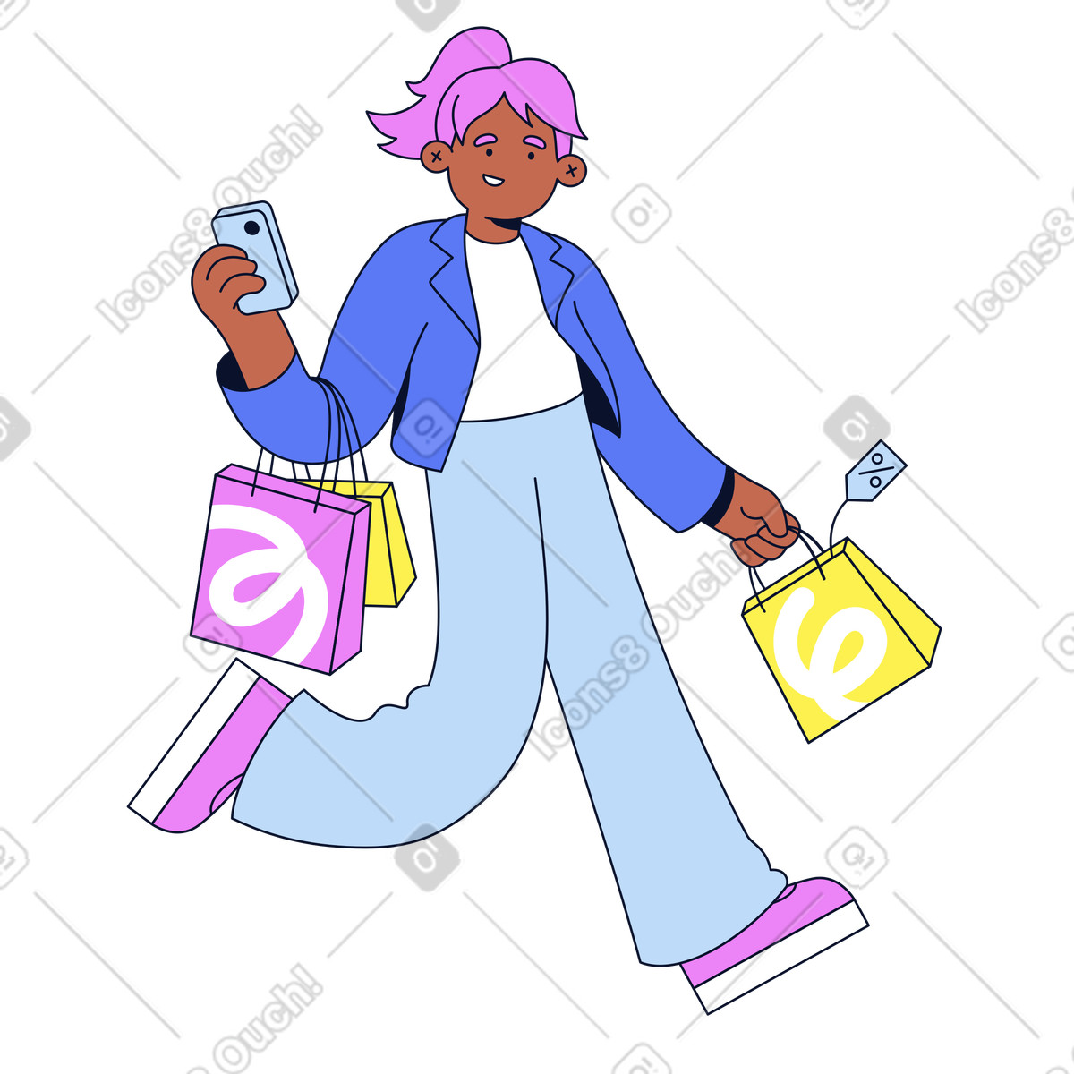 Giovane donna che corre felicemente con le borse dello shopping illustrazione in stile Flexy scarica in PNG, SVG