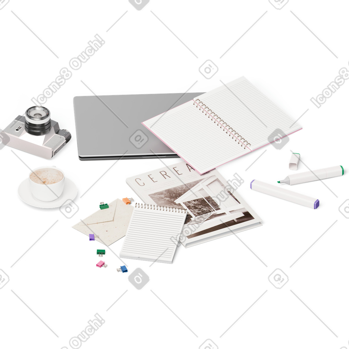 Isometric view of closed laptop, magazine, camera, notebooks, markers and pins illustration in 3D Hygge style download in PNG, SVG