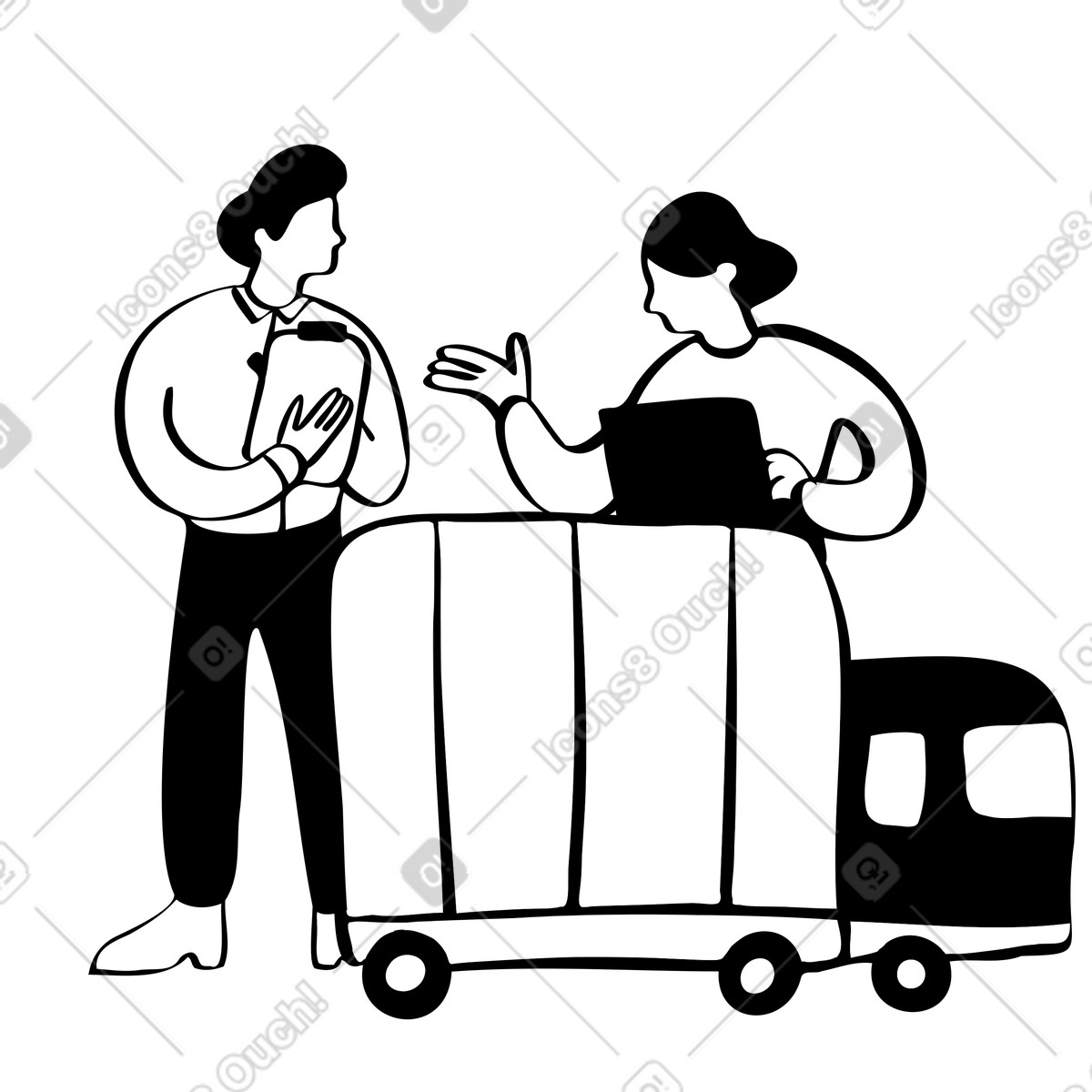 Team coordinating logistics in front of cargo truck, Supply chain planning and management illustration Journal style download PNG, SVG