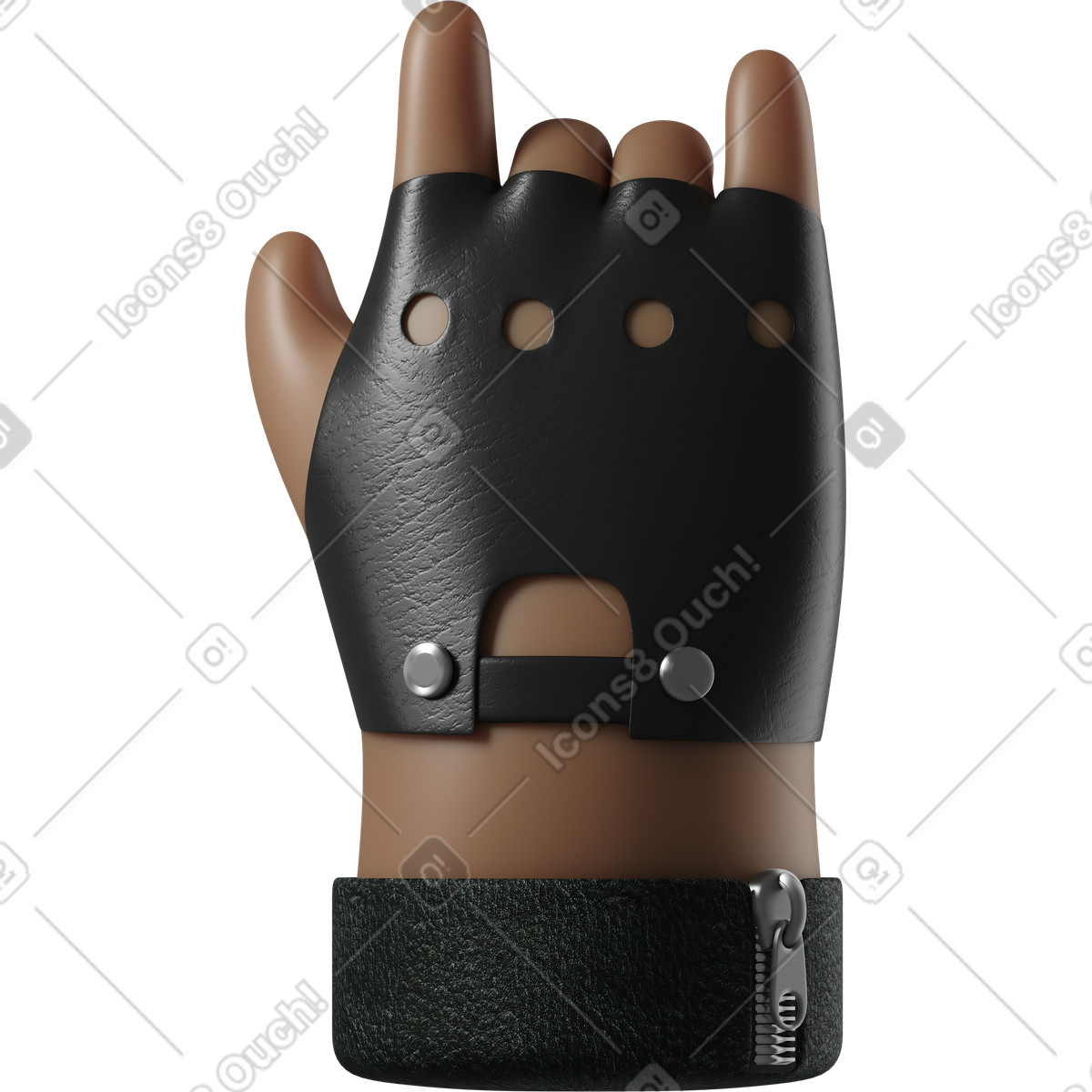 Mano in pelle marrone scuro di rocker guanto che mostra un segno rock illustrazione stile 3D Hands Fun&Wild scarica PNG, SVG
