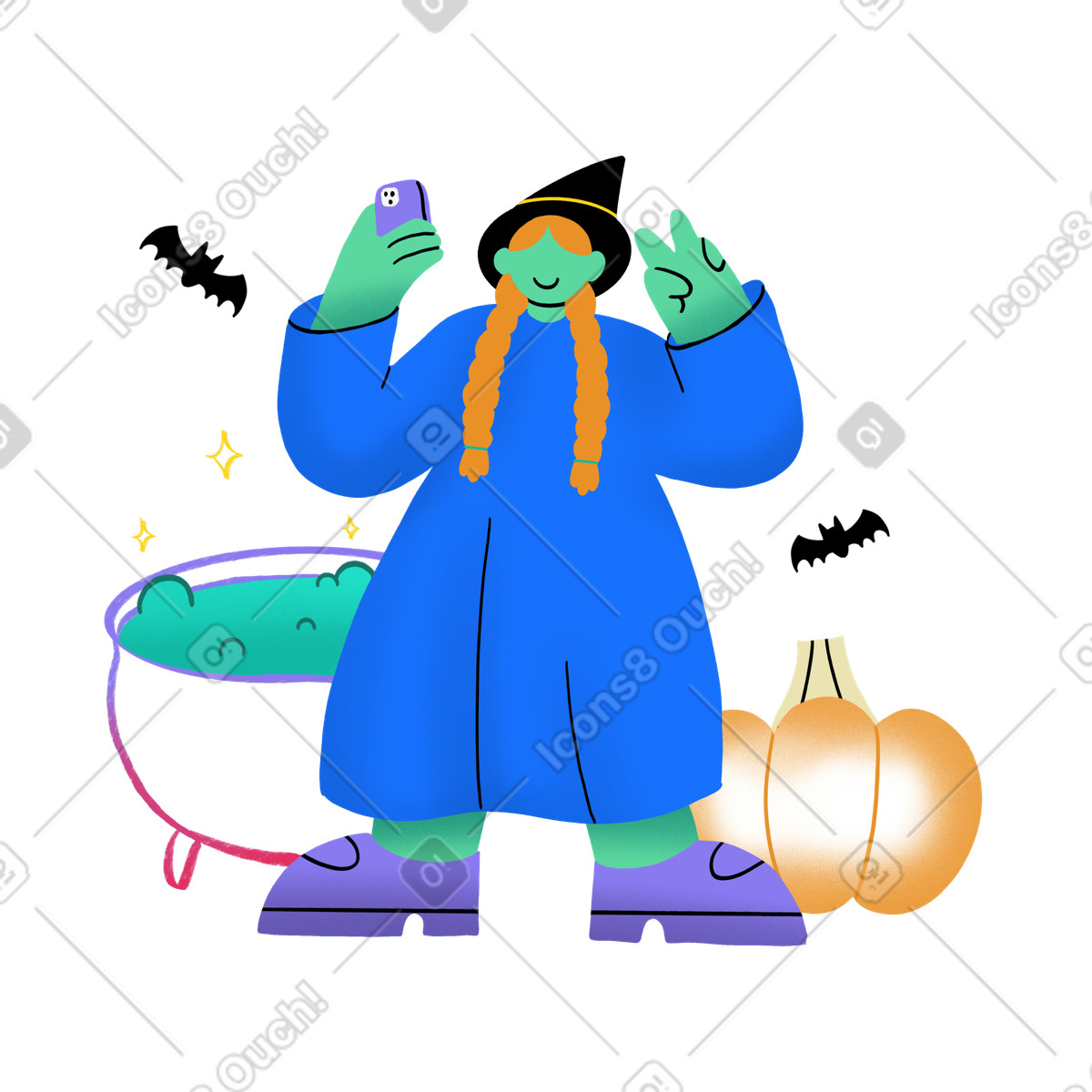 Halloween witch taking a selfie illustration in Bonny style download in PNG, SVG