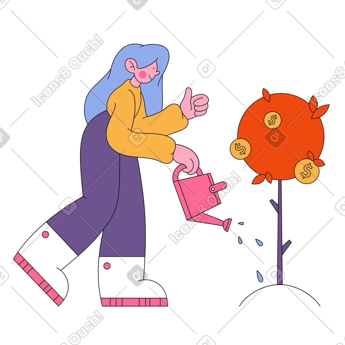 Bloom スタイルの 金のなる木に水をまく女の子 のイラストをPNG、SVG形式でダウンロード