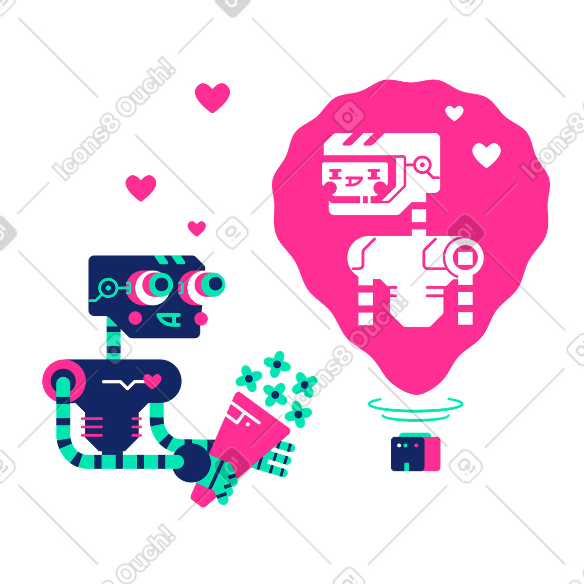 Cyborg 스타일의 로봇이 가상 여자친구를 위해 준비한 선물 일러스트레이션 PNG, SVG 다운로드