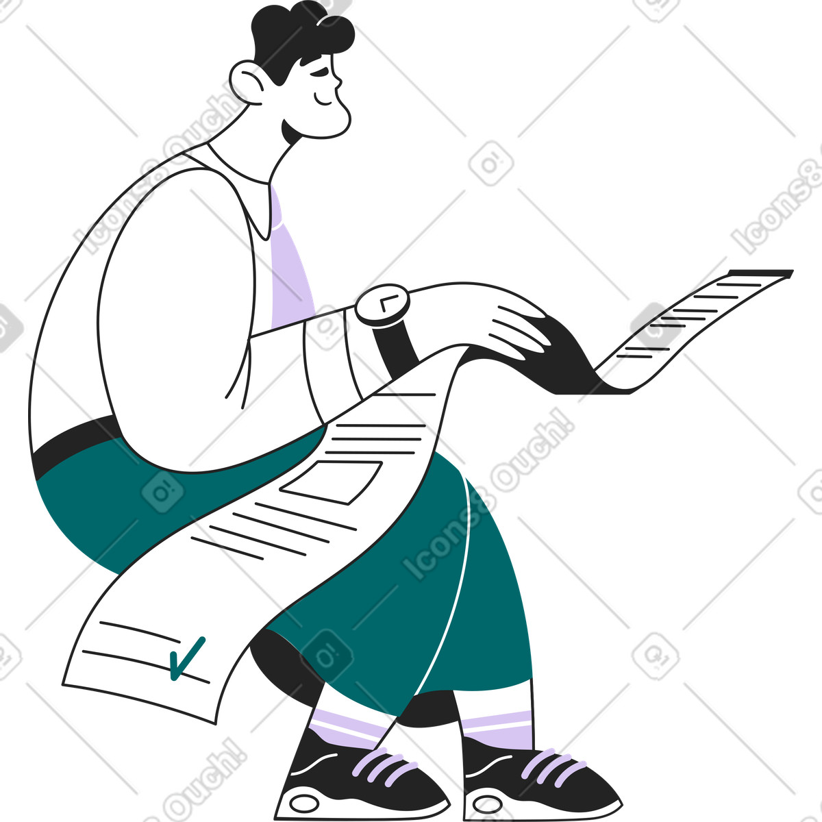 Illustration Homme assis avec un long document dans le style Sammy Line à télécharger aux formats PNG, SVG