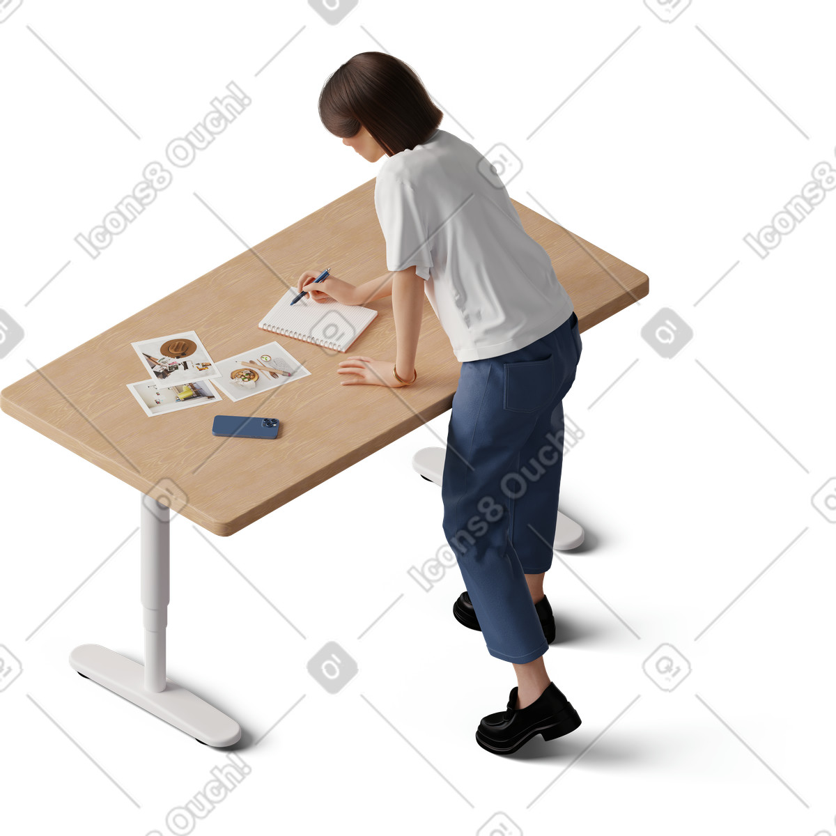 3D Hygge スタイルの テーブルにもたれて何かを書いている若い女性の等角図 のイラストをPNG、SVG形式でダウンロード