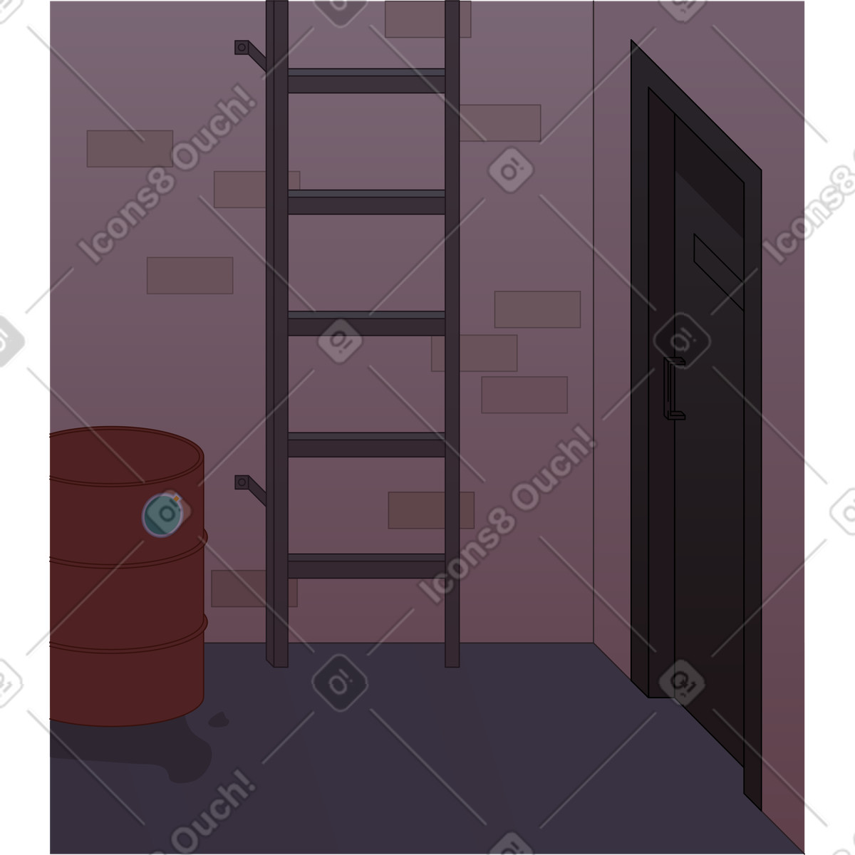 Ilustração de Dead end with a door fire escape and barrel em no estilo Santa Camp para baixar em PNG, SVG