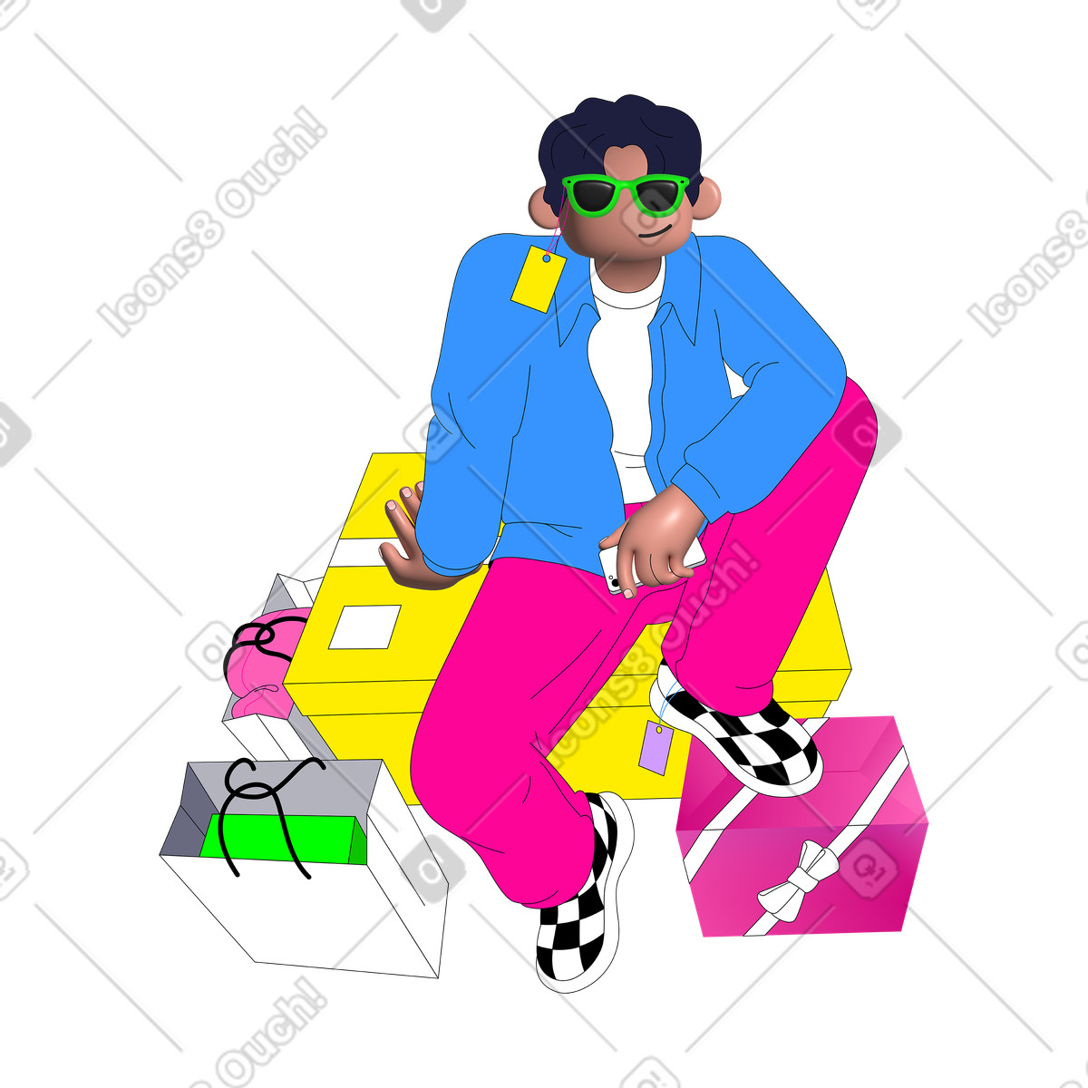 Uomo che compra un sacco di vestiti mentre fa shopping illustrazione in stile Pop scarica in PNG, SVG