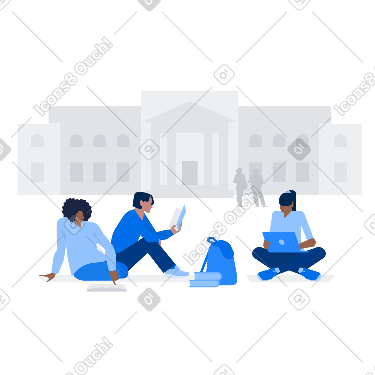 College students sitting on grass illustration university building clipart educational graphics
