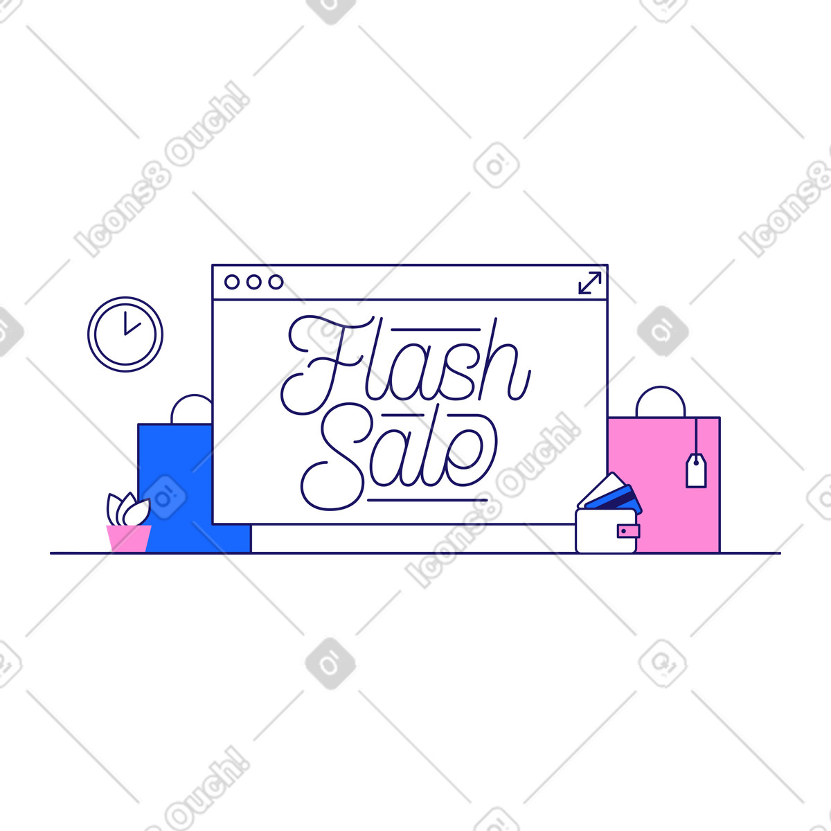 Illustration Lettrage flash sale dans le navigateur et avec les packages style Matey à télécharger aux formats PNG, SVG