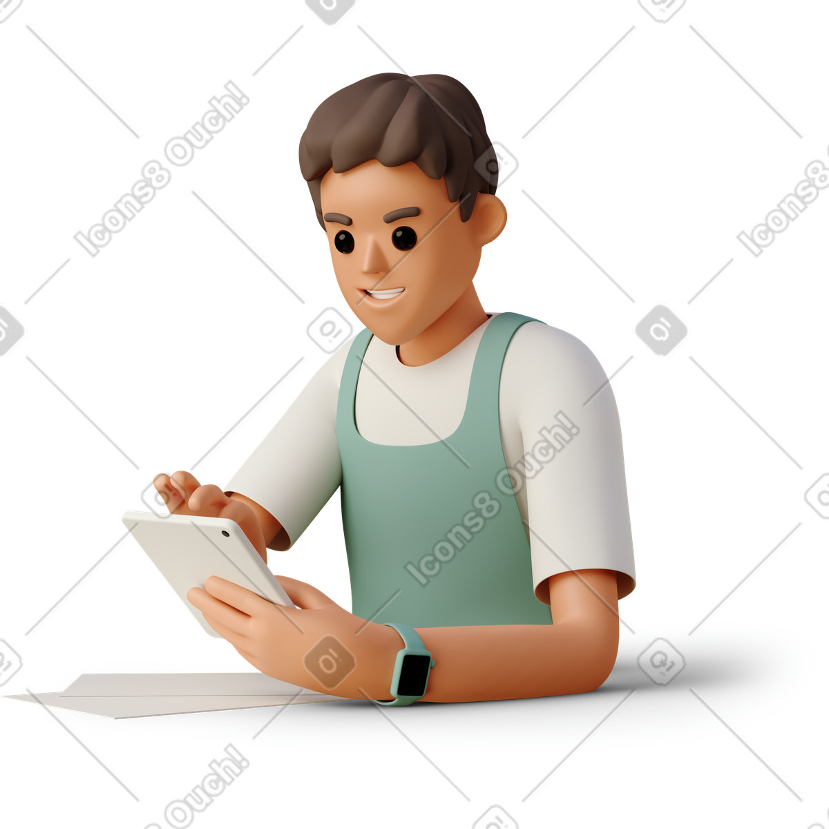 Boy in the apron looking at tablet-Illustration im 3D Casual life-Stil als Download PNG, SVG