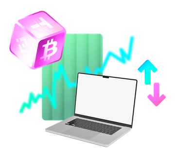 A laptop with cryptocurrency symbols and graphs - Chromed style illustration