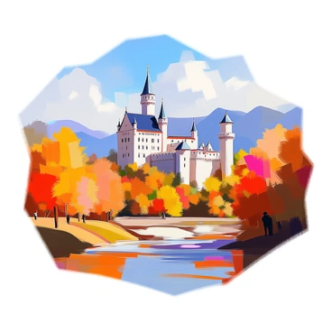 A view of Neuschwanstein Castle nestled among vibrant autumn foliage. The castle, with its iconic towers and turrets, stands majestically against a backdrop of colorful trees displaying shades of orange, red, and yellow. The sky above is clear with a few fluffy white clouds. The surrounding landscape features rolling hills and a gently flowing river that reflects the warm colors of the leaves. The scene captures the enchanting atmosphere of a crisp autumn day.