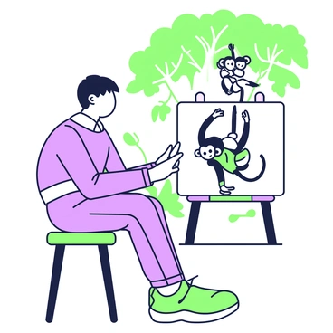 An artist is sitting on a stool with a sketchpad, intently focused on capturing the scene in front of him. He has short hair and wears a comfortable shirt and trousers. In the background, a lush canopy of trees stretches across the sky. The artist's sketchpad shows a partially completed illustration of a family of monkeys. There are three monkeys playing together: one is swinging from a branch, another is sitting on a thick branch, and the third is playfully hanging upside down. The monkeys have distinctive features, with long tails and expressive faces, while the surrounding leaves and branches create a vibrant, dynamic environment. The artist holds a pencil in his right hand, with his left hand resting on the sketchpad.