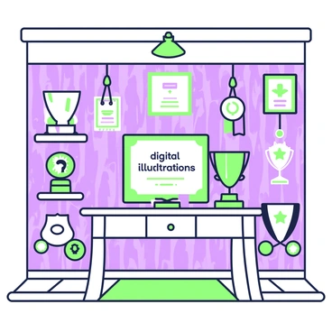 A trophy room filled with awards, featuring a prominent digital illustration certificate on display.