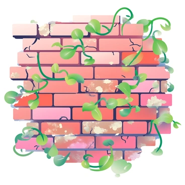 A weathered brick wall is prominently featured, showcasing a rich texture with visible cracks and crumbling bricks. Green vines are seen growing through the gaps, their leaves unfurling gracefully and intertwining with the structure. The bricks exhibit various shades of red and brown, with some areas showing signs of decay. The light softly highlights the contrast between the roughness of the bricks and the delicate nature of the vines.