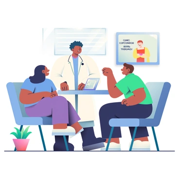 A bright clinic room features a friendly doctor with medium skin and short curly hair, wearing a white lab coat. The doctor is standing next to a desk, engaging in conversation with two patients seated in comfortable chairs. One patient is a woman with long straight black hair wearing a blue t-shirt, while the other is a man with short brown hair in a green polo shirt. A poster about peptide therapy is visible on the wall behind them. The room is decorated with potted plants and has soft lighting, creating a welcoming atmosphere. A clipboard and informational brochures are placed on the desk.