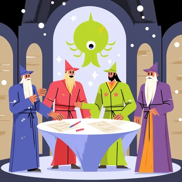 A group of five wizards stands in a circular formation in a magical council chamber. Each wizard is dressed in distinct colorful robes; one wears deep blue with silver stars, another is clad in rich green adorned with vines, a third sports bright red with golden accents, while the last two wear shades of purple and orange. At the center, a large, hovering beholder with a central eye and multiple smaller eyestalks looms above a crystal table. The chamber is illuminated by floating orbs of light, casting soft glows on ancient stone walls filled with scrolls and arcane symbols. The wizards are engaged in animated discussion, with one raising a hand to gesture, while another is scribbling notes on a scroll laid out on the table.