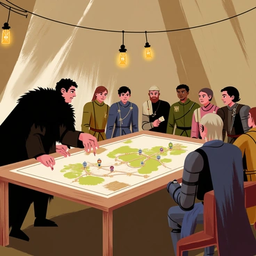 Jon Snow is standing at a rectangular wooden table inside a large war tent. The table is covered with a detailed map depicting the surrounding terrain and troop movements. Jon, wearing his signature black fur cloak, is leaning over the map, pointing to a specific location with one hand while holding a piece of parchment in the other. His allies, a diverse group of men and women in medieval armor, are gathered around him, attentively listening and discussing strategies. Dim light from lanterns hanging inside the tent casts shadows on the canvas walls, creating a focused atmosphere for their important planning session.