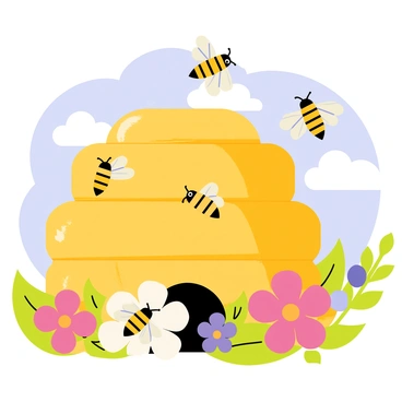 A busy bee hive with a hexagonal structure made of golden-yellow honeycomb. Several small, cartoon-style bees with black stripes are flying around the hive, their wings fluttering rapidly. The scene includes various colorful early spring blossoms in shades of pink, purple, and white, surrounded by bright green leaves. The bees are depicted as they land on the flowers, collecting pollen, with tiny grains of pollen visible on their legs. The background features a clear blue sky with a few fluffy white clouds.