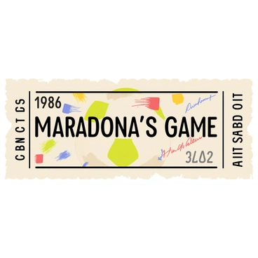 A close-up of a vintage football match ticket with a torn edge and a faded design. The ticket displays the date "1986" prominently in the top corner, along with the words "Maradona's Game" in bold lettering. The background features a stylized illustration of a football, and there are various colorful stamps and signatures scattered around the edges. The ticket has a textured appearance, suggesting aged paper, and includes a unique serial number printed in the bottom right corner.