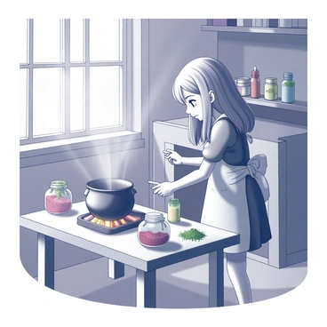 A young girl with long, flowing hair is standing in a cozy cottage. She is wearing a simple dress and an apron. The girl is focused on a large cauldron that sits over a crackling fireplace. Various colorful ingredients are spread across a wooden table nearby, including small glass jars filled with vibrant powders, and fresh herbs tied with strings. Sunlight filters through a window, casting soft shadows around the room. Shelves lined with books and more jars of ingredients are visible in the background, adding a sense of wonder to the scene. The atmosphere is warm and inviting, suggesting a space filled with magic and creativity.