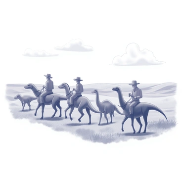 A group of cowboys on horseback guides a herd of dinosaurs across a wide prairie landscape. The cowboys wear traditional attire, including hats and boots, while skillfully managing the animals. The dinosaurs vary in size and type, with some resembling small, agile species and others larger, more formidable creatures. The prairie is expansive, featuring rolling hills and scattered patches of grass. The sky above is clear, with a few fluffy clouds drifting by. The composition captures the dynamic interaction between the cowboys and the dinosaurs in this unique setting.