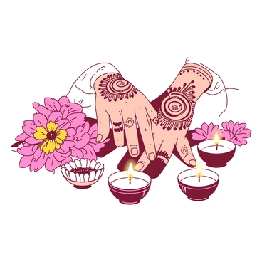 A close-up of a bride's hands is depicted, with intricate mehndi designs adorning her palms and fingers. The hands are gracefully positioned, showcasing the detailed patterns of the mehndi, which feature swirls and floral motifs. Surrounding the hands are vibrant flowers in various colors, including pink and yellow, enhancing the scene. Delicate candles with soft flames are placed around the hands, casting a warm glow that highlights the beauty of the mehndi and the texture of the bride's skin.