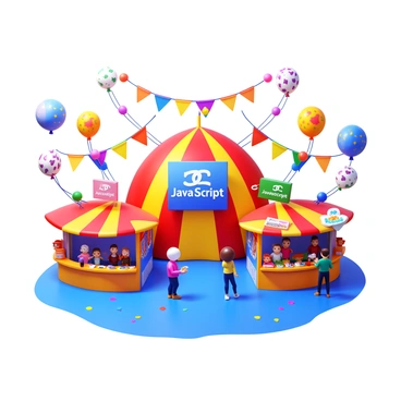 A vibrant festival scene filled with colorful decorations and banners. The banners prominently display "JavaScript" symbols in various sizes and colors. Strings of lights illuminate the area, adding a festive glow. There are festive stalls with people enjoying food and drinks. Balloons float in the air, decorated with playful patterns. The ground is covered with colorful confetti, enhancing the lively atmosphere.