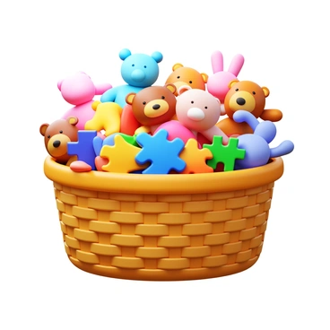 A laundry basket filled with a variety of plush toys, such as teddy bears and soft bunnies, as well as colorful puzzles. The basket is overflowing with the toys spilling over the sides. The toys are arranged in a playful manner, showcasing their vibrant colors and different sizes. The basket has a woven texture, adding a natural element to the scene.