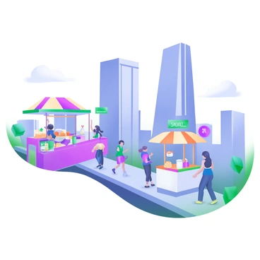A bustling skybridge connecting two tall skyscrapers, painted in modern pastel colors. The skybridge is crowded with pedestrians, some walking briskly while others are stopping to chat. Small vendor stalls line the sides of the skybridge, each adorned with colorful awnings and displaying various items for sale, including snacks and drinks. In the background, the skyscrapers rise majestically against a clear blue sky. People can be seen enjoying their purchases, with shoppers interacting with the vendors and children looking curiously at the displays.