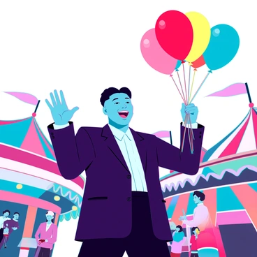 A joyful Kim Jong Un with short black hair and a broad smile. He is wearing a dark suit and a white shirt. He is standing in a lively carnival setting, surrounded by bright decorations and carnival rides. In his hands, he is holding a bunch of colorful balloons in various shades of red, blue, yellow, and green. The balloons are floating above him, creating a festive atmosphere. Children and families can be seen enjoying the carnival in the background, with colorful lights illuminating the scene.