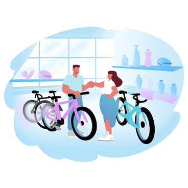 A person is standing in a bright, modern bike shop, looking closely at a selection of bicycles. The buyer is holding one of the bike handlebars while examining its features. Various types of bicycles are displayed, including road bikes, mountain bikes, and hybrid models, all in vibrant colors. The shop has large windows allowing ample natural light to flood in, illuminating the polished floor. Shelves are filled with biking accessories, such as helmets and water bottles, creating an organized and inviting atmosphere.