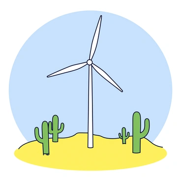 A tall wind turbine with white blades is positioned prominently in the center of a vast desert landscape. Surrounding the turbine are several green cacti with distinctive shapes, standing against the backdrop of golden sand dunes that gently rise and fall. The sky above is clear and blue, enhancing the bright and open feeling of the scene.