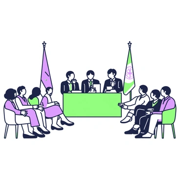 A formal senate ceremony is taking place in a spacious hall. Several senators are standing behind a long podium, each wearing dark suits and ties. They are engaged in an official discussion, with some looking at notes and others addressing the audience. In front of them, a diverse audience is seated in rows, attentively listening. Some audience members are in elegant attire, while others are dressed in business casual outfits. There are flags displayed prominently on either side of the podium. The lighting is bright, illuminating the scene and creating a sense of importance and formality.