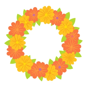 A circular decorative wreath composed entirely of vibrant orange and yellow marigold flowers. The marigolds are densely packed, creating a lush, full appearance. Green leaves intersperse among the flowers, adding contrast and depth to the wreath. The wreath is set against a light background, showcasing its bright colors and intricate details.