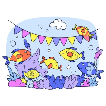 A group of colorful fish swimming joyfully in a vibrant underwater carnival setting. There are fish with bright orange, blue, and yellow scales, each displaying different expressions of happiness. Decorations like colorful seaweed and floating bubbles create a festive atmosphere. Some fish are playing with oversized balloons, while others are gathered around a coral booth that offers shiny shells as prizes. Brightly colored banners made of kelp hang in the background, fluttering gently in the water.