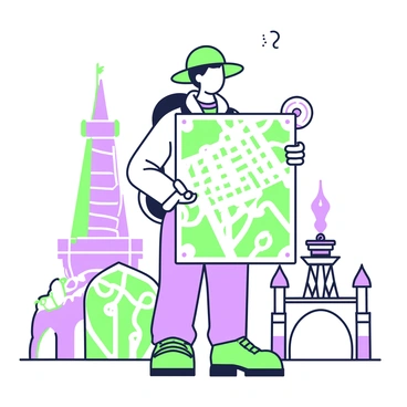 A traveler stands with a confused expression, holding a map upside down in front of him. He is wearing a backpack and a wide-brimmed hat. Around him, various landmarks are visible, including a tall tower that resembles a lighthouse, a colorful fountain, and an archway with intricate designs. Each landmark appears distinct and does not correspond to the map he is examining. The traveler's clothing consists of a light jacket and comfortable hiking pants, while the map features detailed illustrations of the area, though it does not align with his surroundings.