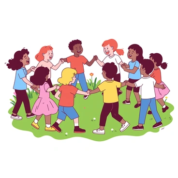A group of children is holding hands and dancing in a circle. Their faces are filled with joy as they sing "Ring a Ring o' Roses." The children are diverse, featuring boys and girls of different ethnicities. The setting is a grassy field with colorful flowers dotting the landscape. The sunlight shines down, casting soft shadows on the ground. The children are wearing bright, vibrant clothing, enhancing the playful atmosphere of the scene.