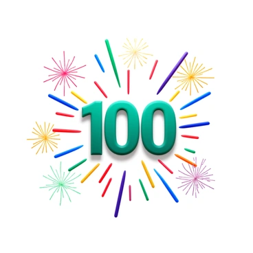 A large number "100" is positioned prominently in the center of the image. The number is exploding outward into its expanded form, showing "1" followed by two zeros, with visual effects indicating an explosive reaction. Surrounding the number, colorful fireworks burst in various shapes and sizes, illuminating the scene with vibrant colors like red, blue, green, and yellow. The fireworks create a dynamic and festive atmosphere, emphasizing the excitement of the explosion.