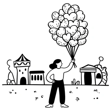 A woman with flowing hair is standing in a lively fairground, holding a large bunch of balloons tightly in one hand. The balloons are of various shapes and sizes, some round and others heart-shaped, each distinctly outlined. Surrounding her are hints of fair attractions, such as a Ferris wheel and stalls with checkered patterns, creating a festive atmosphere. The ground is textured with gravel and scattered with small objects typical of a fair setting. The overall scene captures the energy and excitement of a fair day.