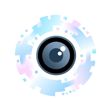 A modern logo for a digital media company with pixels and a camera lens