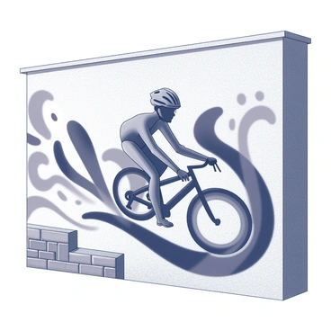 A graffiti mural painted on a city wall. The mural depicts a cyclist in motion, with detailed features such as a helmet and a cycling outfit. The cyclist is positioned prominently in the center of the artwork, surrounded by abstract shapes and designs that create a dynamic sense of movement. The wall itself has a rough texture, and the surrounding area includes hints of urban elements like brick and concrete. The mural captures the energy of the city environment.