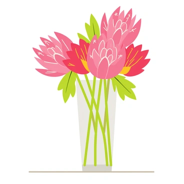 A colorful arrangement of protea flowers with vibrant pink and red blooms, showcasing their unique and spiky petals. The flowers are elegantly placed in a clear glass vase that reflects light, sitting on a sleek, minimalistic countertop. The countertop features a smooth surface with subtle patterns, enhancing the modern aesthetic of the scene.