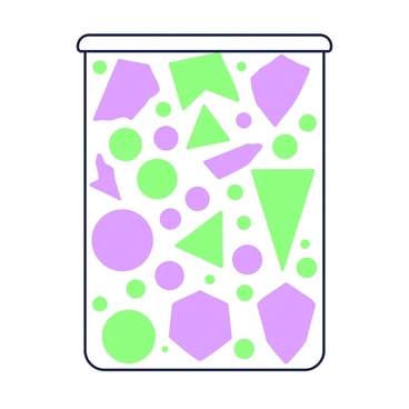 A half-size illustration board displays a pattern of geometric shapes arranged in a symmetrical design. The shapes include triangles, squares, and circles, each outlined in green or purple. The shapes are evenly spaced and vary in size, creating a dynamic composition. Some shapes overlap slightly, showcasing a layered effect. The board is oriented in portrait mode, emphasizing the vertical arrangement of the patterns.