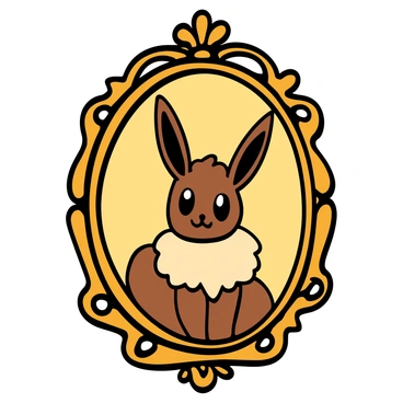 A vintage portrait of an Eevee with a fluffy brown and cream-colored fur. The Eevee has large, expressive eyes and a playful expression, sitting gracefully. The portrait is set in an ornate, antique frame with intricate carvings and a gold finish. The background is a soft pastel color that complements the Eevee's fur, enhancing the overall elegance of the presentation.