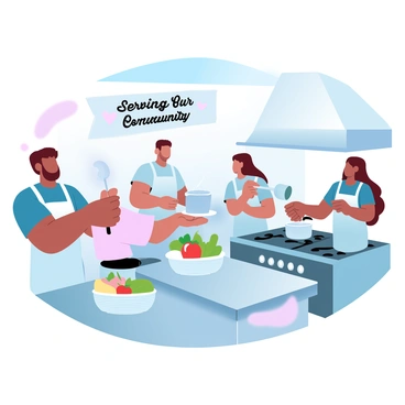 A group of volunteers is serving meals in a community kitchen. One volunteer is ladling soup into a bowl, while another is handing a plate of food to a person in need. The kitchen is filled with large pots on a stove and colorful vegetables on a nearby table. A banner with the words "Serving Our Community" is hanging on the wall, and there are various fruits in baskets around the room. The atmosphere is busy and filled with warmth and compassion as the volunteers interact with each other and the guests.